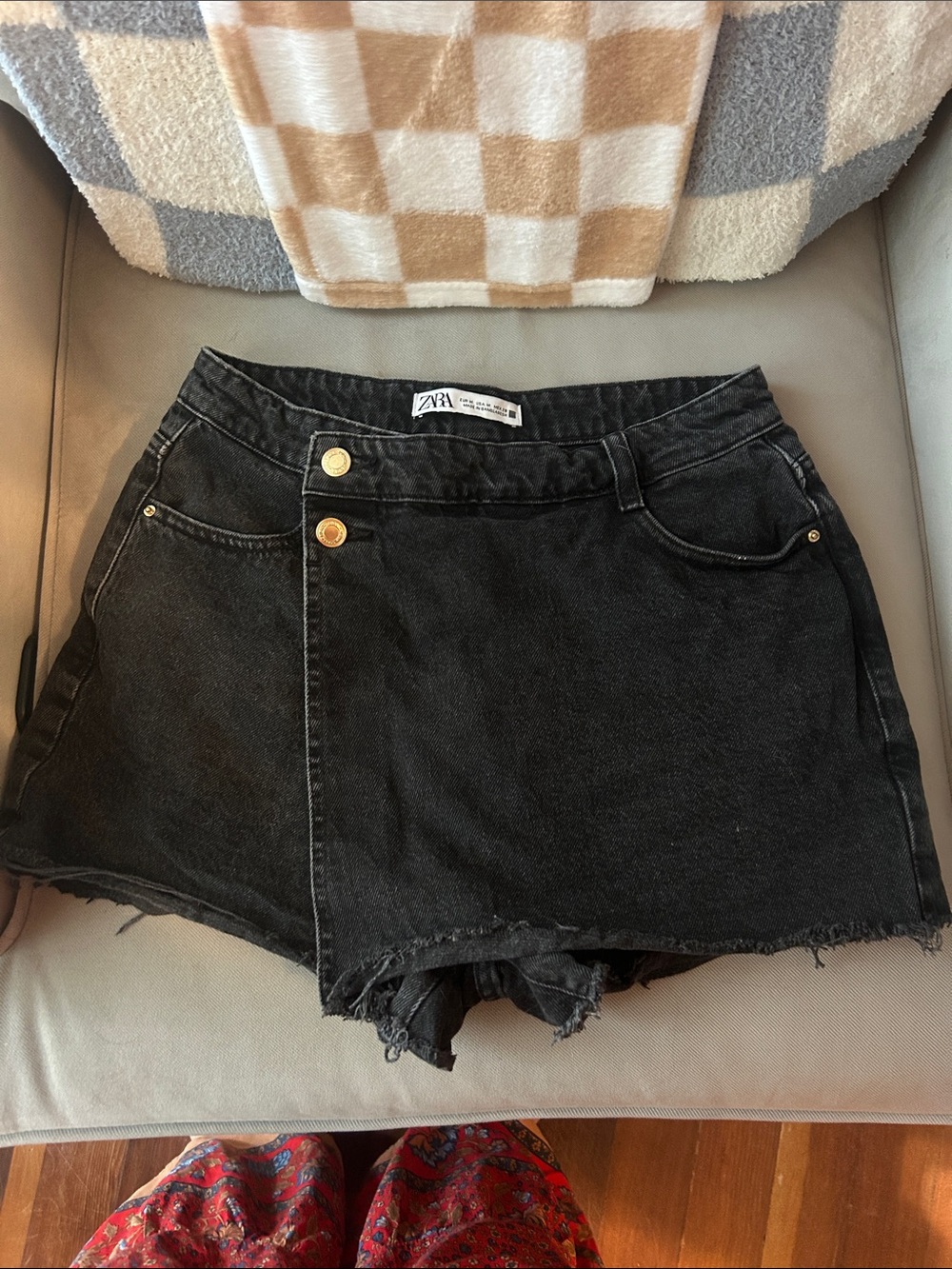 Zara Black Denim Skort with Gold Button Accents